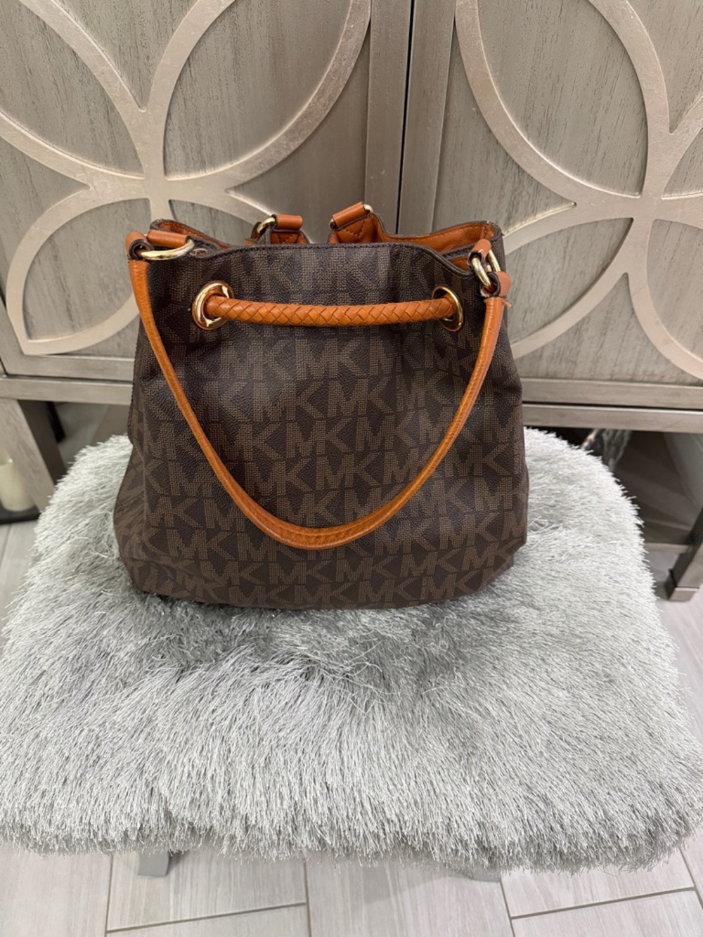 Michael Kors Brown & Tan Logo Drawstring Hobo with Tassels - Picture 3 of 6